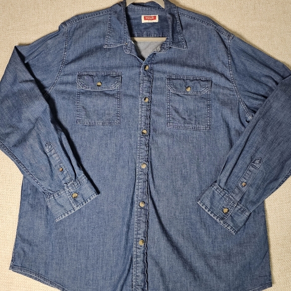 Men's Wrangler Denim Button Up Medium Blue with Flap Breast Pockets XL - Picture 7 of 12